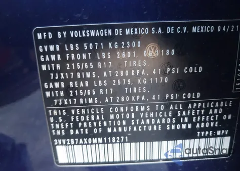 2021 Volkswagen Tiguan 2.0T Se/2.0T Se R-Line Black/2.0T Sel from USA, damaged, VIN 3VV2B7AX0MM118271
